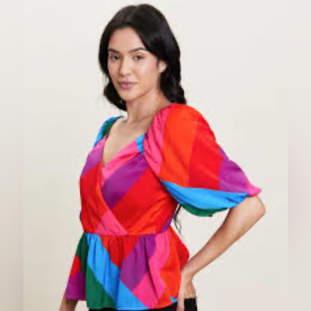 Skies are Blue blue pink purple women's top blouse puff sleeve size XS